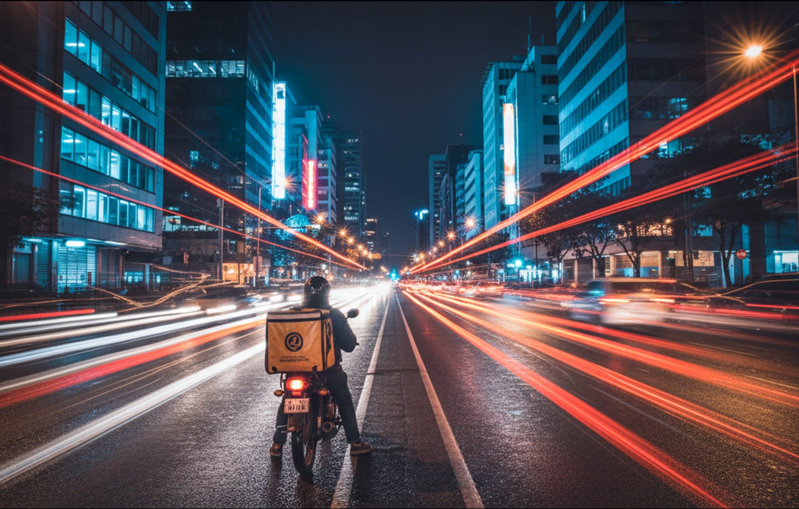 Domiciliario en moto de noche entre estelas de luz