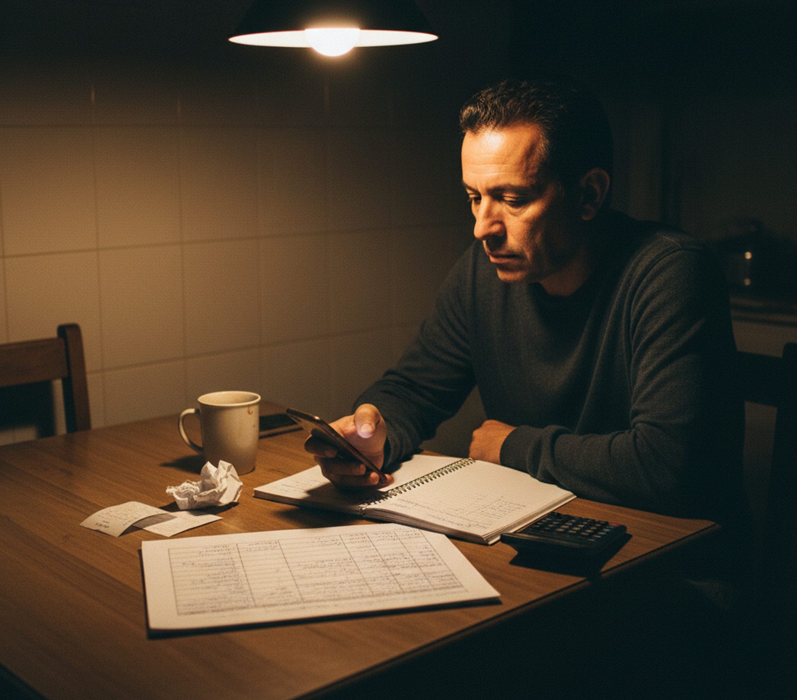Dueño de flota revisando comprobantes de noche en la mesa de la cocina